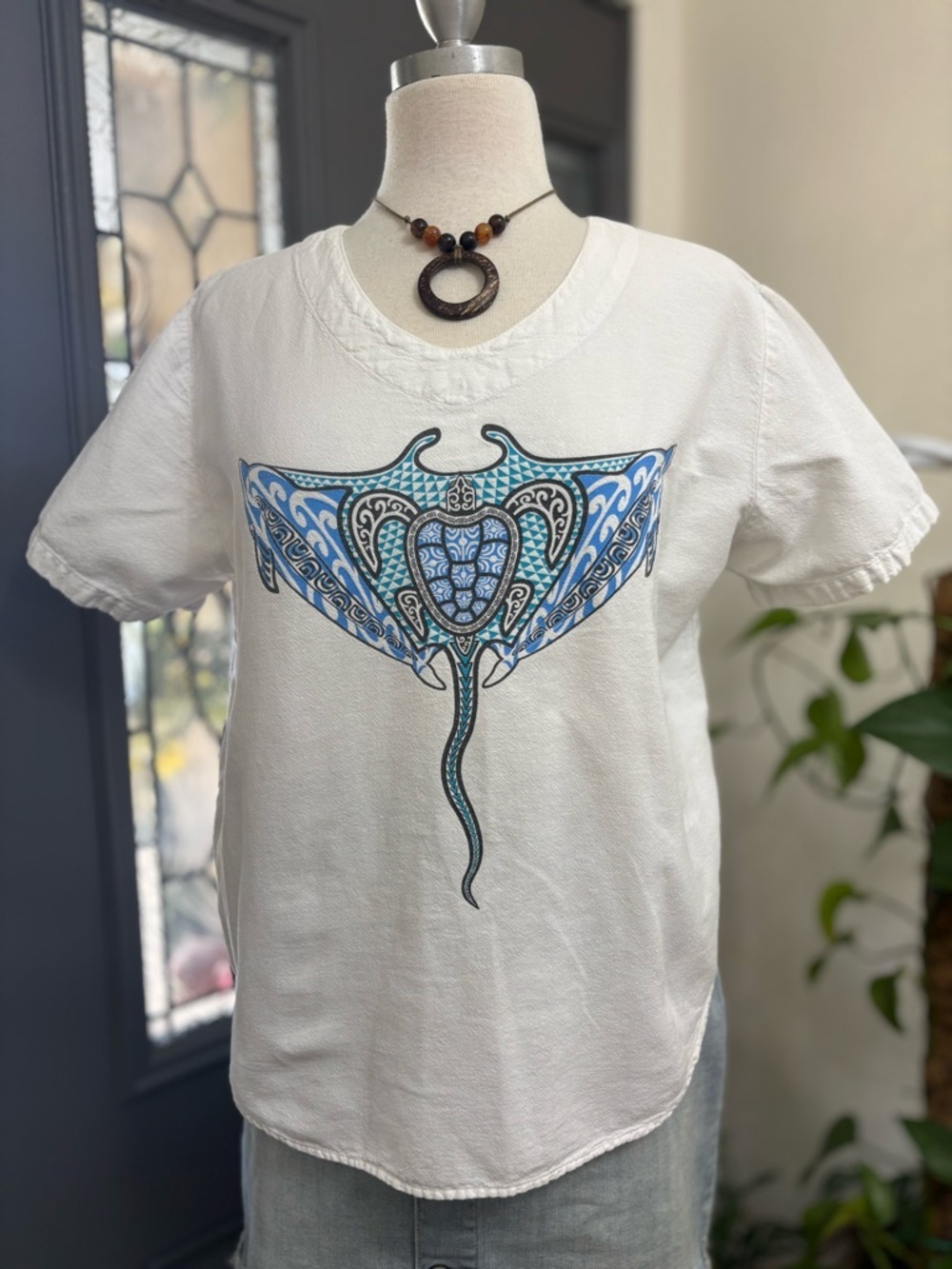 VTG California Drawstrings White Short Sleeve Blue Manya Ray Lightweight Top